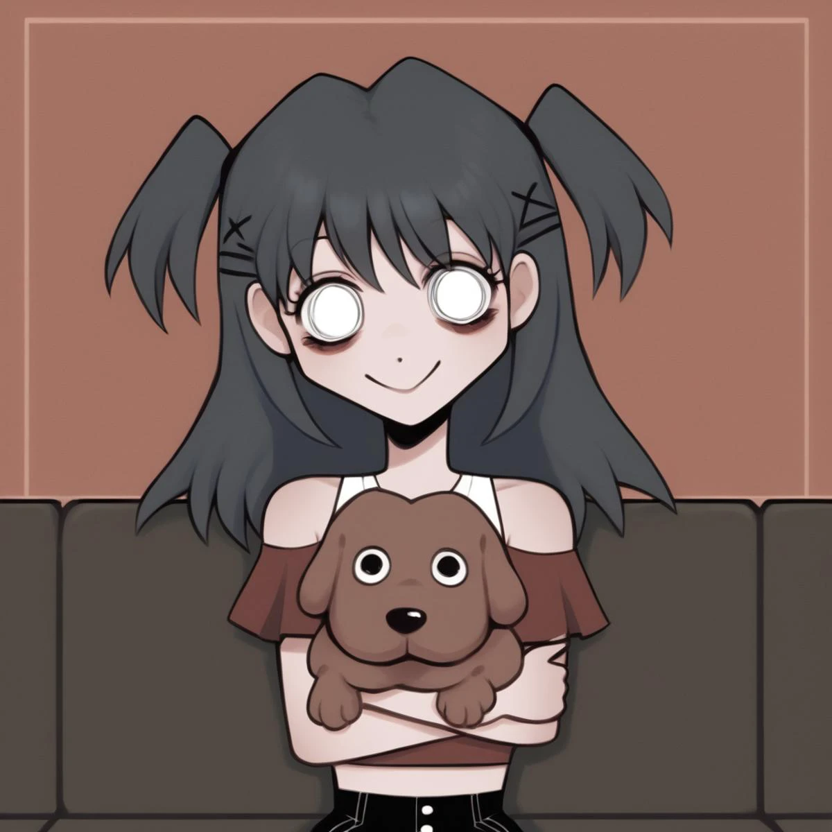 solo, score_6_up, Laceys_game, 1girl, two side up,  hugging dog, sitting_in_couch, crop top, bare shoulders, abstract background, digital_horror, fake smile  <lora:Laceys_game:1>