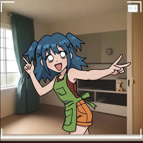solo, Laceys_game, 1girl, blue hair, two side up, selfie, blue hair, two side up, orange_shorts, green apron, burgundy tank top, pointing at back, yellow dog, open mouth, on side, <lora:Laceys_game:1.15>, score_6_up, photo background
