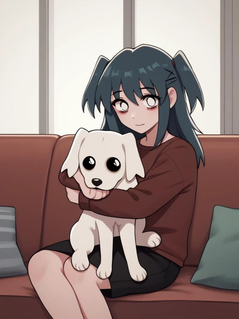 score_6_up, Laceys_game, 1girl, two side up,  hugging dog, sitting_in_couch  <lora:Laceys_game:1>