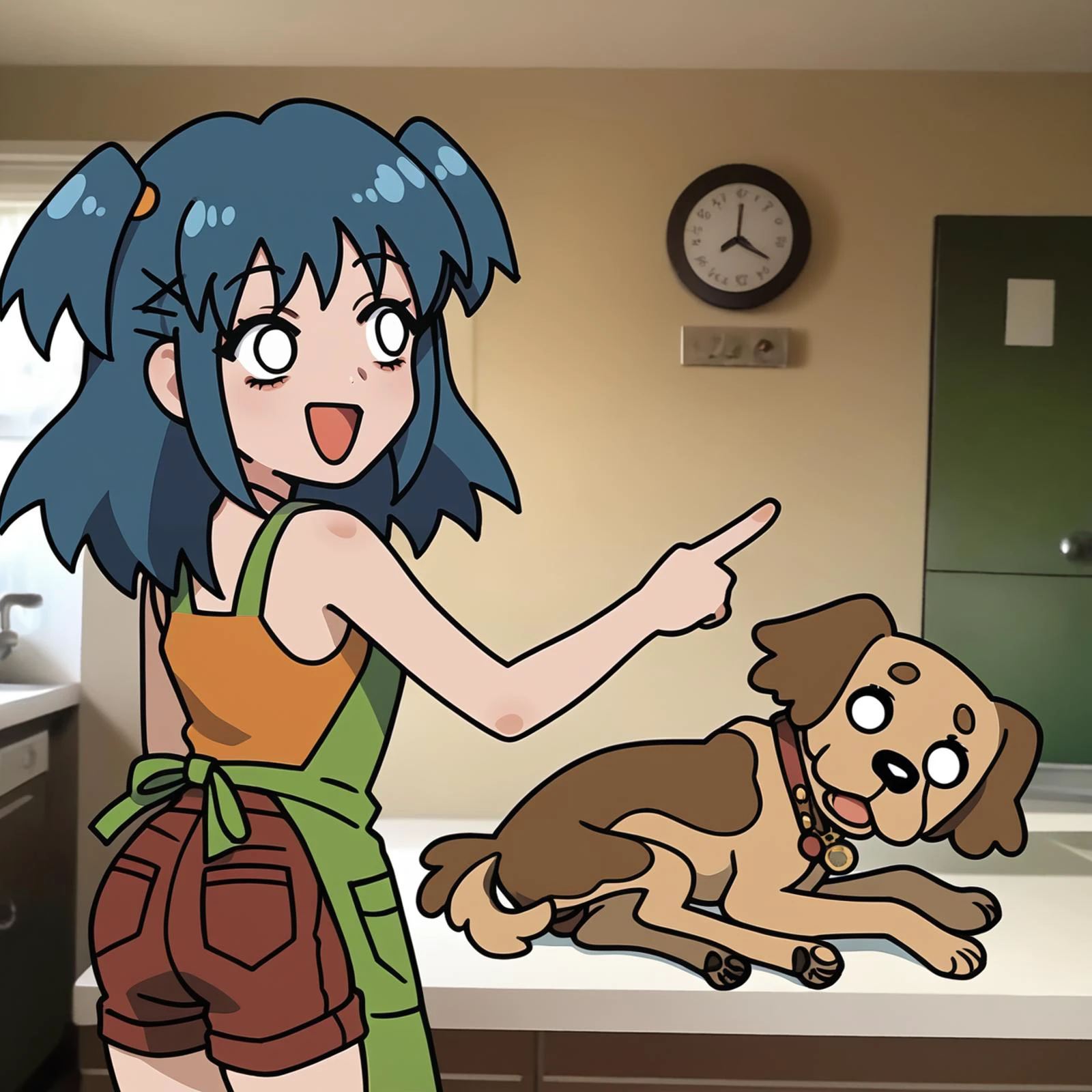 solo, Laceys_game, 1girl, blue hair, two side up, blue hair, two side up, orange_shorts, green apron, burgundy tank top, pointing at back, (yellow_dog:1.2), looking back, open mouth, on side,  <lora:Laceys_game:1.15>, score_6_up, photo background