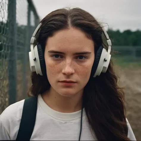 cinematic film still of <lora:Film Grain style:1> high image noise:1.2 high image Grain:1.2
Film grain still image of a woman with headphones on her face and a camera on her shirt,1girl,solo,long hair,brown hair,shirt,black hair,closed eyes,white shirt,upper body,short sleeves,lips,t-shirt,freckles,realistic,nose,fence,chain-link fence , cinematic look, film look, filmic, contrast, detailed, high quality, sharp image, film color, Kodak Motion Picture Film style, different color, different people, different look, different style, 35MM Film, 16MM Film, Photographic film, music video style, artistic style, cinematic style, film granularity, film noise, image noise, artistic effect, Fujicolor, Fuji film, Analog photography, movie style, movie still, Film grain overlay, Film Grain style, shallow depth of field, vignette, highly detailed, high budget, bokeh, cinemascope, moody, epic, gorgeous, film grain, grainy