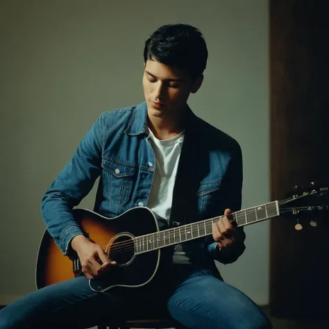 UHD, 4k, ultra detailed, cinematic, a photograph of  <lora:Film Grain style:1> noise:1
Film grain still image of a man sitting on a stool playing a guitar,solo,short hair,shirt,black hair,1boy,sitting,jacket,closed eyes,male focus,pants,mouth hold,denim,instrument,cigarette,realistic,music,smoking,guitar,playing instrument , cinematic look, film look, filmic, contrast, detailed, high quality, sharp image, film color, Kodak Motion Picture Film style, different color, different people, different look, different style, 35MM Film, 16MM Film, Photographic film, music video style, artistic style, cinematic style, film granularity, film noise, image noise, artistic effect, Fujicolor, Fuji film, Analog photography, movie style, movie still, Film grain overlay, Film Grain style, epic, beautiful lighting, inpsiring