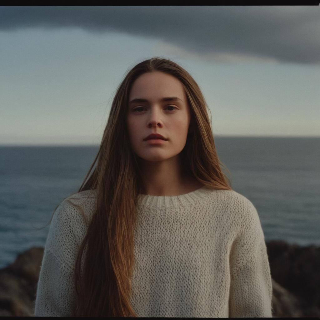 A woman standing on a rocky beach next to the ocean - SeaArt AI