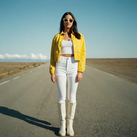 cinematic film still of <lora:Film Grain style:1> high image noise:1.2 high image Grain:1.2
Film grain still image of a woman in a white dress and yellow jacket,1girl,solo,long hair,breasts,shirt,black hair,medium breasts,standing,jacket,full body,white shirt,boots,outdoors,sky,glasses,day,midriff,pants,blue sky,white shorts,white pants,print shirt , cinematic look, film look, filmic, contrast, detailed, high quality, sharp image, film color, Kodak Motion Picture Film style, different color, different people, different look, different style, 35MM Film, 16MM Film, Photographic film, music video style, artistic style, cinematic style, film granularity, film noise, image noise, artistic effect, Fujicolor, Fuji film, Analog photography, movie style, movie still, Film grain overlay, Film Grain style, shallow depth of field, vignette, highly detailed, high budget, bokeh, cinemascope, moody, epic, gorgeous, film grain, grainy