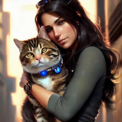 modelshoot style, (extremely detailed 8k wallpaper) ,A detailed portrait of a cute calm brunette woman hugging a tabby cybernetic cat illustrator, by justin gerard and greg rutkowski, digital art, realistic painting, dnd, character design, trending on artstation<lora:LORA1024CV1024protogenX58RebuiltScifi:1>