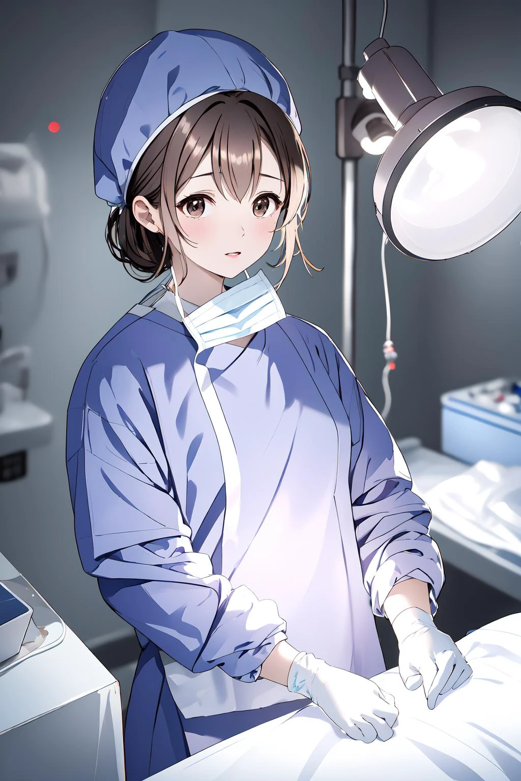 (RAW photo, best quality), 1girl, long sleeve surgical outfit, surgical mask, surgical gloves, surgical cap, operating room, overhead surgical light, dslr, blurred background, focused
<lora:loveletter_mizuho_v1_2:1>, loveletter_mizuho, <lora:concept_surgical_mask_open_v2_1:1> surgical_mask_open, completely_undone