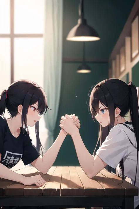 2girls, casual clothes, skirt, t-shirt, long hair, short sleeves, arm wrestling, room, table, side view, wide angle, angry