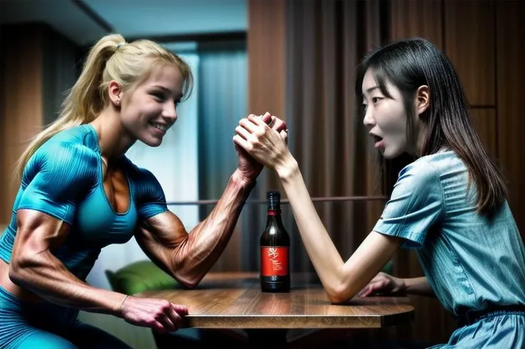 2girls, sitting at a table in a livingroom, armwrestling, DSLR, photo realistic, detailed, 4k, <lora:more_details:0.8>
BREAK
a 20 year old woman, fitness model, muscular, Caucasian, blonde hair, thick thighs, thick arms, (big biceps:1.2), ripped, vascular, big boobs, abs, broad shoulders, smiling confidently, wearing a tight t-shirt, amazonmuscless
BREAK
a tall, slender, slim, Korean woman, 26 years old, skinny, shocked, open mouth, in disbelief, narrow shoulders, narrow hips, thin arms, thin thighs, small waist, wearing a shirt and dress, <lora:ahx_v1:1>