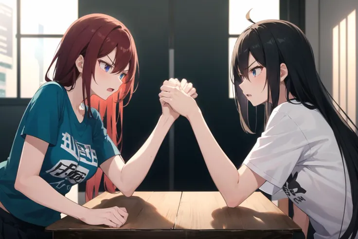 2girls, casual clothes, skirt, t-shirt, long hair, short sleeves, arm wrestling, room, table, side view,  angry