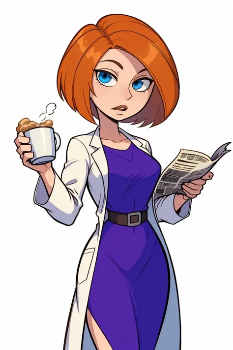 <lora:Ann_Possible-DEF:0.7> drann, short hair, blue eyes, lab coat, shrug expression, newspaper, holding cup of coffee, purple dress, cowboy shot, white background