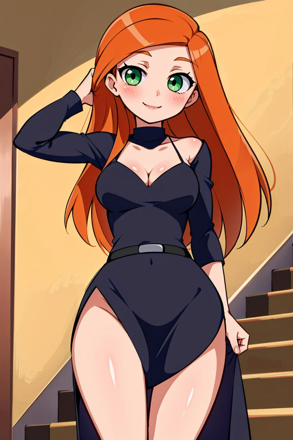 (kim possible:1.3), long hair, green eyes, (sexy black dress:1.1), blush, (thigh slit:1.1), medium breasts, adjusting hair, indoors, walking down stairs, sexy eyes, smile, Masterpiece, best quality, detailed background, intricate details, detailed <lora:Ann_Possible-DEF_DogeOfVenice:0.3> <lora:detail_slider_v4:1.25>
