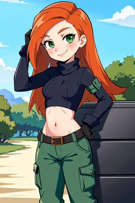 (kim possible, long hair, green eyes, black turtleneck, navel, gloves, utility belt, cargo pants:1.3), smirk, outdoors, adjusting hair, Masterpiece, best quality, detailed background, intricate details, detailed <lora:attire_virgindestroyer-justTNP:1.0> <lora:Ann_Possible-DEF_DogeOfVenice:0.3>