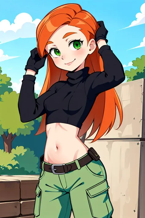 (kim possible, long hair, green eyes, black turtleneck, navel, gloves, utility belt, cargo pants:1.3), smirk, outdoors, adjusting hair, Masterpiece, best quality, detailed background, intricate details, detailed <lora:attire_virgindestroyer-justTNP:1.0> <lora:Ann_Possible-DEF_DogeOfVenice:0.3>