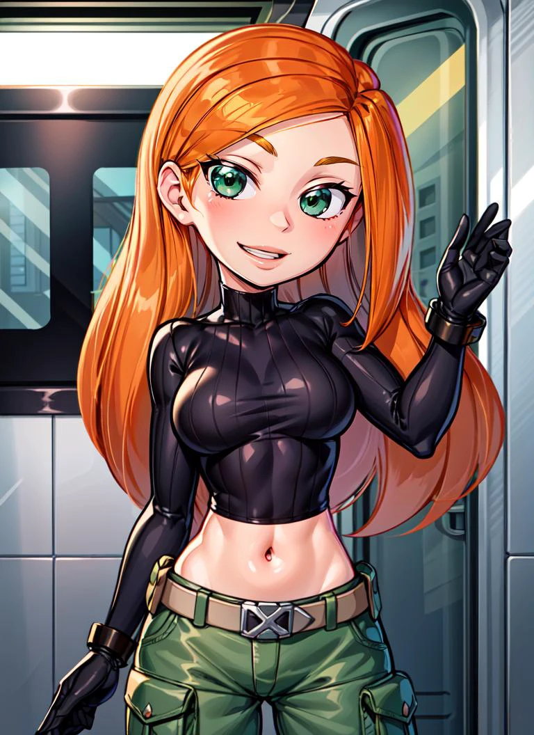 ((best quality)), ((highly detailed)), detailed face, beautiful face, , <lora:more_details:.6>, (1girl), cowboy shot, wide shot, <lora:Ann_Possible-DEF:.65>, kim possible, long hair, green eyes, medium breasts, smiling, black turtleneck, long sleeves, navel, gloves, utility belt, cargo pants, (indoors, at a train)