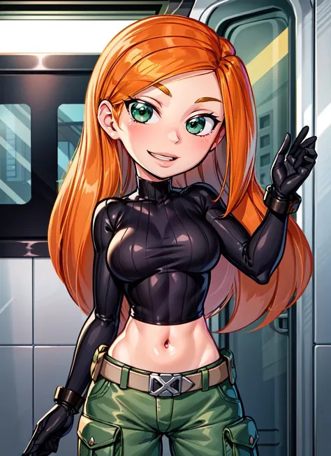 ((best quality)), ((highly detailed)), detailed face, beautiful face, , <lora:more_details:.6>, (1girl), cowboy shot, wide shot, <lora:Ann_Possible-DEF:.65>, kim possible, long hair, green eyes, medium breasts, smiling, black turtleneck, long sleeves, navel, gloves, utility belt, cargo pants, (indoors, at a train)