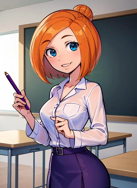 ((best quality)), ((highly detailed)), masterpiece, , (1girl), upper body, <lora:Ann_Possible-DEF:.75>, drann, short hair, blue eyes, medium breasts, smiling, lab coat, purple dress, high heels, (indoors, in a classroom, desks, blackboard, a schoolgirl, schoolgirl uniform, pleated skirt, <lora:EraseGroinSkirt:1> ((BREAK)) and multiple girls, a teacher, standing, pencil skirt, button down shirt, hair in a bun)