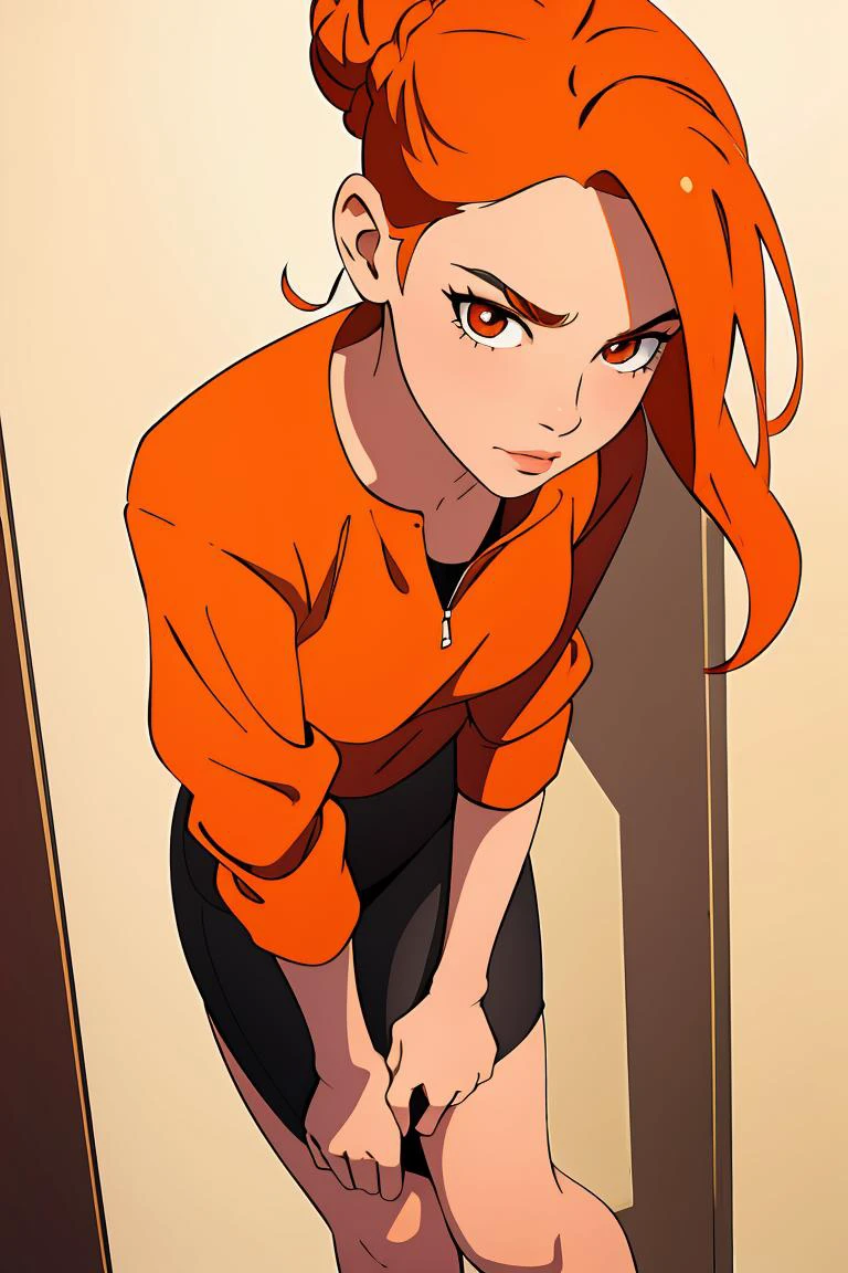 (masterpiece, best quality), 1girl, Burnt orange Low Bun with Decorative Hair Stick, Size E breasts, <lora:have_to_pee-v1:0.8> have to pee, hand between legs, leaning forward