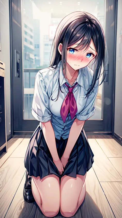 masterpiece,best quality,highres,illustration,hyper detailed,8k cg wallpaper,ray tracing,(black hair:1.1),((long hair:1.1)),(blue eyes:1.1),straight hair,medium breasts,<lora:å¢å ç´°ç¯>,(hiten1:0.8),hand between legs,leaning forward,<lora:have_to_pee-v1:1>,((embarrassed:1.1)),((full-face blush:1.1)),have to pee,pov,((kneeling:1.3)),white shirt,skirt,closed mouth,