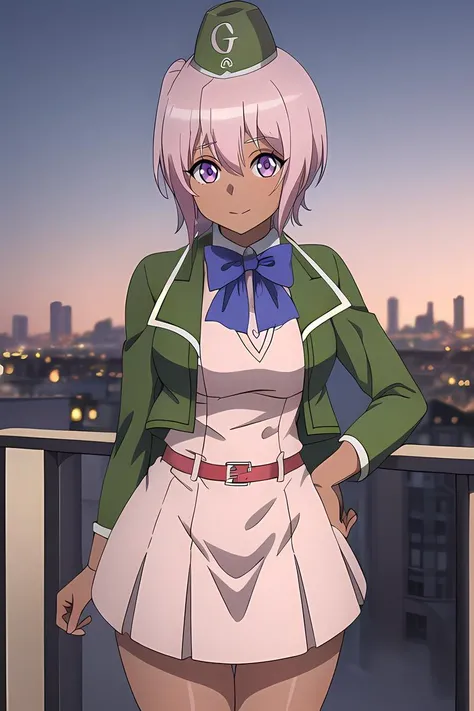 ((masterpiece)), (best quality), (official art, extremely detailed CG unity 8k wallpaper, highly detailed, shiny skin, vivid color), <lora:add_detail_doppelpunkt_1_0:0.4>, <lora:Tanya:0.85>, Tanya, (work outfit:1.5), green jacket, short pink hair, purple eyes, green hat with g sign, red belt, blue ribbon, detailed eyes, (old city background:1.2),