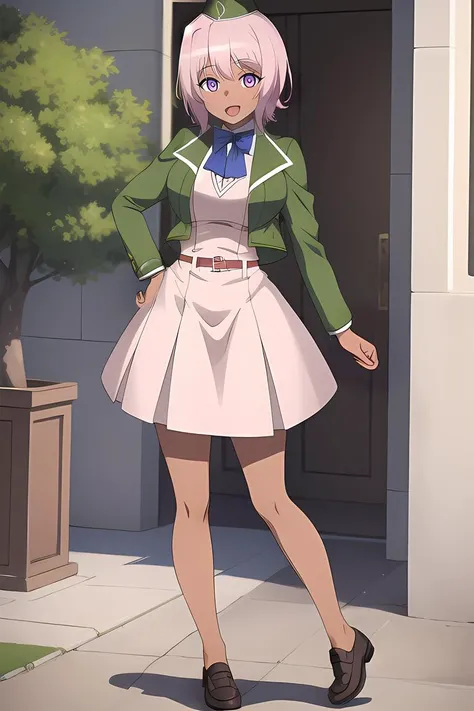 ((masterpiece)), (best quality), (official art, extremely detailed CG unity 8k wallpaper, highly detailed, shiny skin, vivid color), <lora:add_detail_doppelpunkt_1_0:0.25>, <lora:Tanya:0.80>, Tanya, (work outfit:1.5), green jacket, short pink hair, purple eyes, green hat with g sign, red belt, blue ribbon, happy. open mouth, sexy pose, white dress, detailed eyes, brown shoes, fist:1, (old town background:1.2),