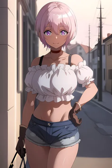 ((masterpiece)), (best quality), (official art, extremely detailed CG unity 8k wallpaper, highly detailed, shiny skin, vivid color), <lora:add_detail_doppelpunkt_1_0:0.4>, <lora:Tanya:0.8>, Tanya, (casual outfit:1.5), short pink hair, purple eyes, short braid, white top, red chocker, blue hot-pants, brown gloves, detailed eyes, (old town background:1.2),