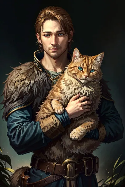 AndersDA, 1boy, male focus, holding animal, facial hair, animal, brown hair, stubble, cat, realistic, brown eyes, holding, solo, holding cat, fur trim, blue eyes, belt, looking at viewer, beard
<lora:epi_noiseoffset2:1>, <lora:AndersDA:0.7>