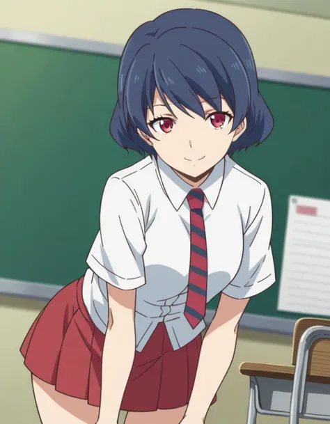 score_9, score_8_up, score_7_up, source_anime,
ruitachibana, <lora:rui-tachibana-s1-ponyxl-lora-nochekaiser:1>,
rui tachibana, short hair, red eyes, blue hair,
skirt, school uniform, necktie, striped, red skirt, striped necktie,
indoors, classroom, bent over, smile,
looking at viewer, cowboy shot, dutch angle, solo,