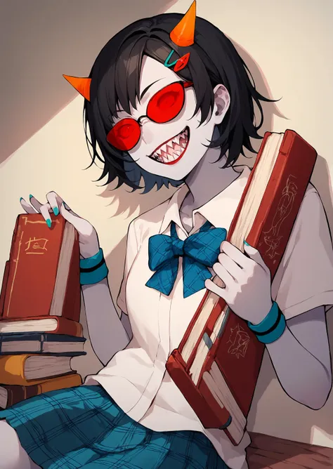 score_9, score_8_up, score_7_up, score_6_up, score_5_up, score_4_up, masterpiece, thick lines, 2d, flat colors, anime, terezi pyrope, 1girl, solo, smile, short hair, skirt, black hair, hair ornament, bow, jewelry, school uniform, horns, glasses, teeth, hairclip, grin, book, plaid, colored skin, fangs, plaid skirt, sunglasses, sharp teeth, wristband, red-tinted eyewear, grey skin, red sclera <lora:terezipyropepony:1.2> BREAK source_anime