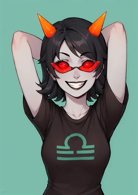 score_9, score_8_up, score_7_up, score_6_up, score_5_up, score_4_up, thick lines, anime, masterpiece, 1girl, terezi pyrope <lora:TereziPony2:1>, librasign, smile, grin, colored skin, grey skin, medium hair, black hair, horns, red sclera, red-tinted eyewear, black shirt, t-shirt, hands behind head BREAK source_anime