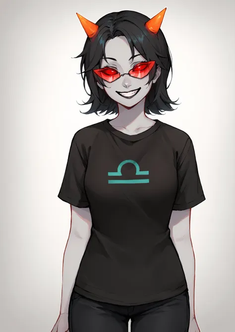 score_9, score_8_up, score_7_up, score_6_up, score_5_up, score_4_up, thick lines, anime, masterpiece, 1girl, terezi pyrope <lora:TereziPony2:1>, librasign, smile, grin, colored skin, grey skin, medium hair, black hair, horns, red sclera, red-tinted eyewear, black shirt, t-shirt BREAK source_anime