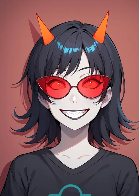 score_9, score_8_up, score_7_up, score_6_up, score_5_up, score_4_up, masterpiece, thick lines, 2d, flat colors, anime, terezi pyrope, librasign, 1girl, (colored skin, grey skin), orange horns, black hair, medium hair, smile, grin, red-tinted eyewear, red sclera, t-shirt, black shirt <lora:terezipyropepony:1> BREAK source_anime