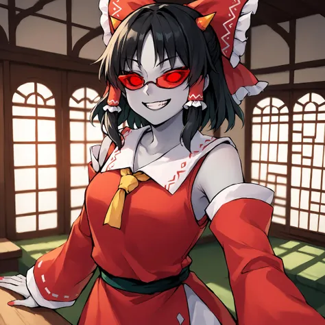 score_9, score_8_up, score_7_up, score_6_up, score_5_up, score_4_up, thick lines, anime, masterpiece, 1girl, terezi pyrope <lora:TereziPony2:1>, smile, grin, colored skin, grey skin, medium hair, black hair, (horns), red sclera, red-tinted eyewear, indoors, hakurei reimu, red dress, bow, detached sleeves BREAK source_anime