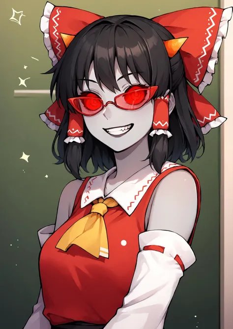 score_9, score_8_up, score_7_up, score_6_up, score_5_up, score_4_up, thick lines, anime, masterpiece, 1girl, terezi pyrope <lora:TereziPony2:1>, smile, grin, colored skin, grey skin, medium hair, black hair, (horns), red sclera, red-tinted eyewear, indoors, hakurei reimu, red dress, bow, detached sleeves BREAK source_anime