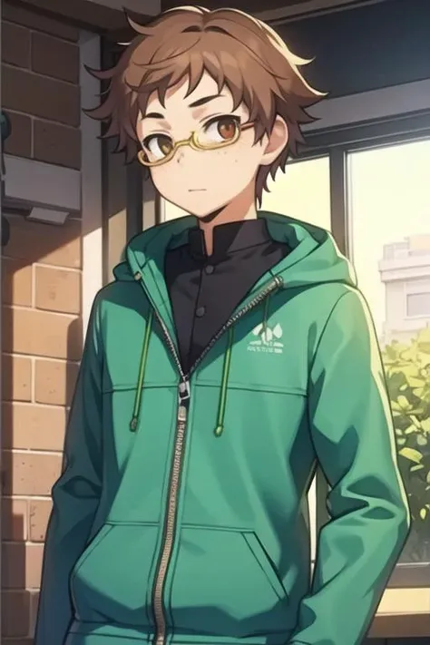 masterpiece, best quality, game cg, 1boy, solo, male focus, looking at viewer, upper body, , <lora:hisamitsu_noto:0.72>, hisamitsu_noto, brown hair, brown eyes, glasses, freckles, , , 32k resolution