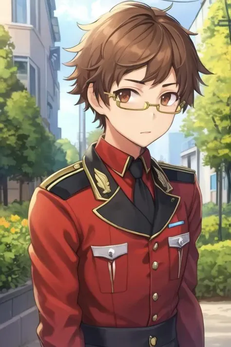 masterpiece, best quality, game cg, 1boy, solo, male focus, looking at viewer, upper body, , <lora:hisamitsu_noto:0.74>, hisamitsu_noto, brown hair, brown eyes, glasses, , gothic costume, world war 1, 8k resolution