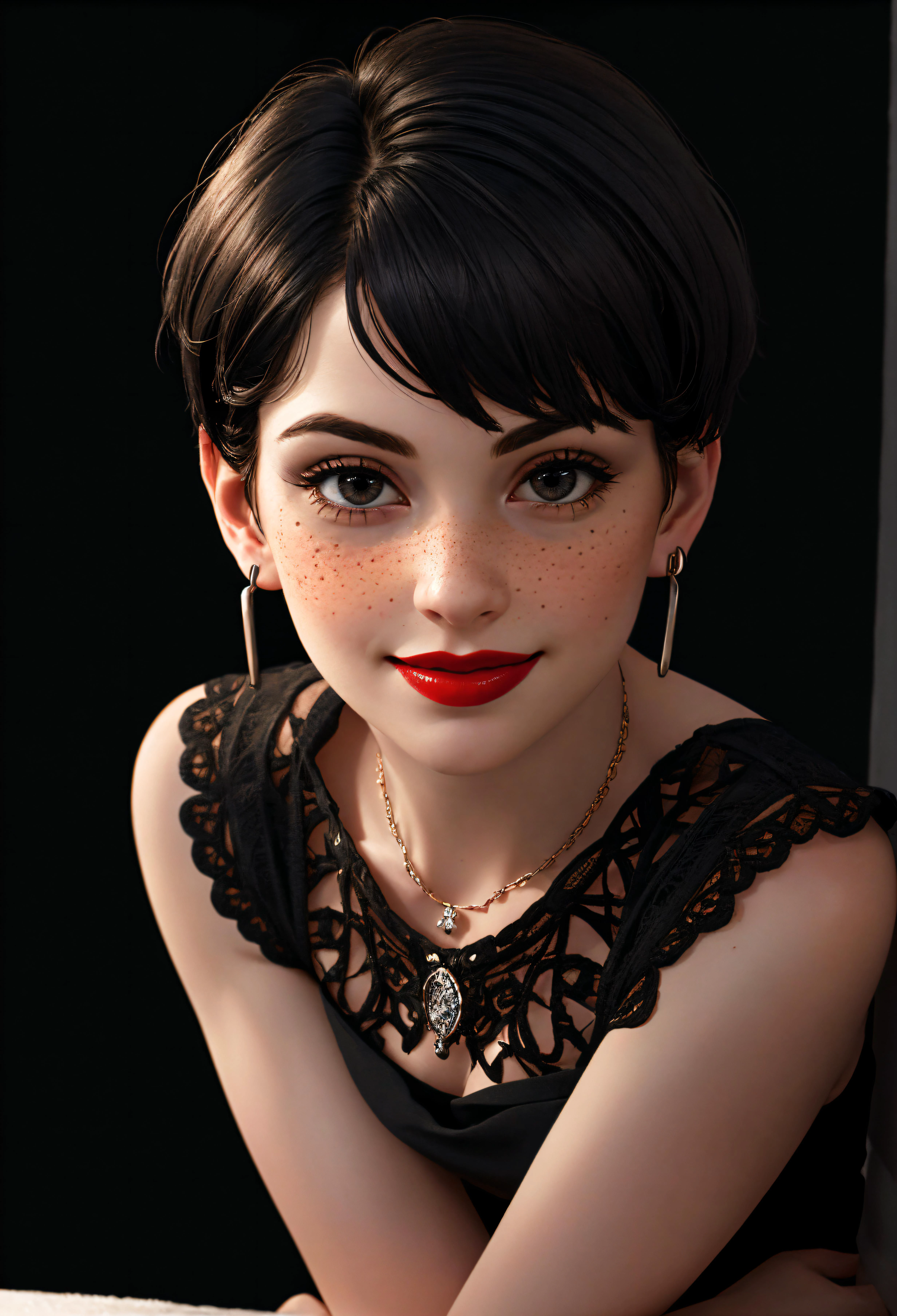(hyperrealistic photo:1.1) of a beautiful cute woman, (pale white skin:1.2), freckles, blushing, (black short hair:1.3), black eyes, red lipstick, dark eyeliner, black necklace, large ring shaped black earrings, smug smile, (black body-hugging dress), cleavage, slim feminine body, big hips, round ass, eyelashes, looking at viewer, leaning over, (left warm-sidelight:1.3), (warm colors:1.3), simple background, black background, 8k, (intricate details:1.3), (extremely hyperrealistic:1.3), (extreme details:1.3), <lora:epi_noiseoffset2:1> <lora:light_slider_v10:-4>