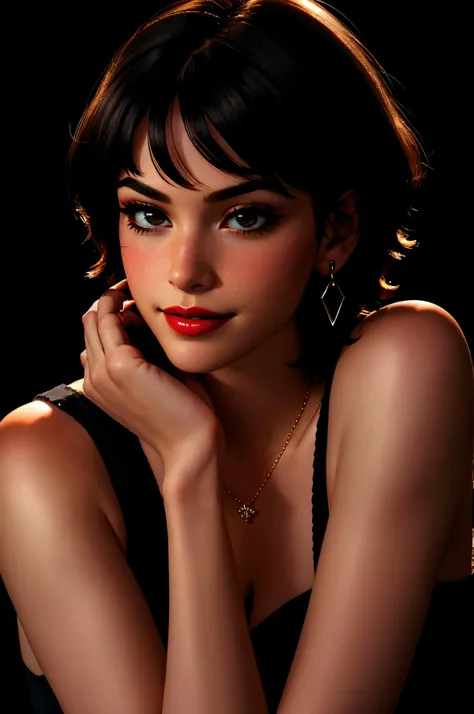 (hyperrealistic photo:1.1) of a beautiful cute woman, (pale white skin:1.2), blushing, (black short hair:1.2), smug smile, red lipstick, dark-eyeliner, black necklace, large ring shaped black earrings, black heels, (black body-hugging dress), (touching her face), cleavage, slim feminine body, eyelashes, (looking through shoulder), (elegantly posing), (warm-color:1.2), black background, 8k, (intricate details:1.2), (extremely hyperrealistic:1.3), (extreme details:1.3), (extreme contrast:1.2) <lora:epi_noiseoffset2:1> <lora:exposure_control_v10:-0.5> <lora:light_slider_v10:-3.5>