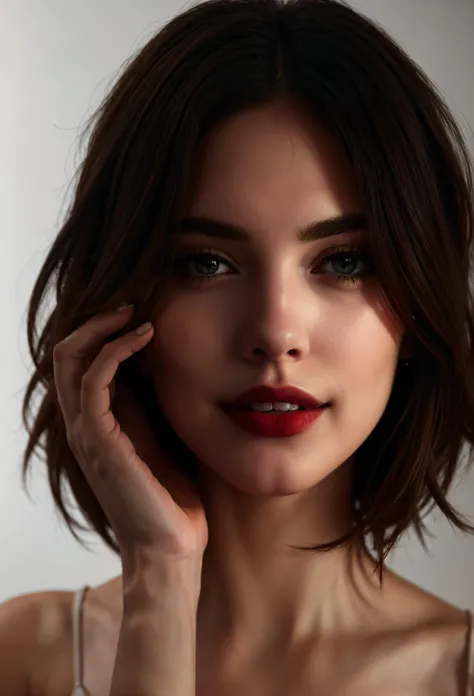 Hyperrealistic, professional studio photography, simple background,dark-backround BREAK cut-girl, (cut straight red-hair:1.3), (pale skin:1.3), (expensive red glossy-lipstick:1.2), dark long-eyelashes, (expensive eye-makeup), (eye liner:1.3), little-rear-mole, green-eyes, red manicure, perfect woman-hands, touching her lips,(sensual:1.3), smiling, perfect teeth BREAK tight white-mini-dress BREAK (deep dark-room:1.4), (deep shadows:1.3), bokeh, sharp focus on subject, (8k:1.3), (UHD:1.3), (masterpiece:1.3), (intricate details:1.3), (hyperrealistic:1.3) <lora:quality1:1> <lora:epi_noiseoffset2:1> <lora:exposure_control_v10:-0.5> <lora:light_slider_v10:4>