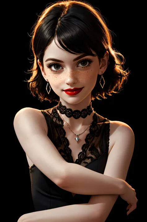 (hyperrealistic photo:1.1) of a beautiful cute woman, upper body, (pale white skin:1.2), freckles, blushing, (black short hair:1.2), black eyes, red lipstick, dark eyeliner, black necklace, large ring shaped black earrings, black heels, smug smile, (black body-hugging dress), cleavage, slim feminine body, eyelashes, (looking through shoulder at viewer), (elegantly posing), (left-warm-sidelight:1.3), (warm colors:1.2), black background, 8k, (intricate details:1.2), (extremely hyperrealistic:1.3), (extreme details:1.3), (extreme contrast:1.2) <lora:epi_noiseoffset2:1> <lora:light_slider_v10:-4>