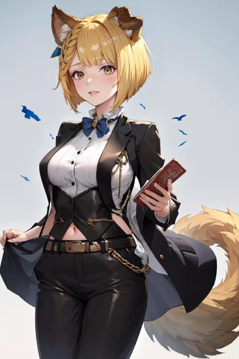 masterpiece, (detailed, highres, best quality), 1girl, <lora:AnzhcTuxedo_679805:1> anzhctuxedo, tuxedo, <lora:gbfVajra:0.8> vajradef, dog tail