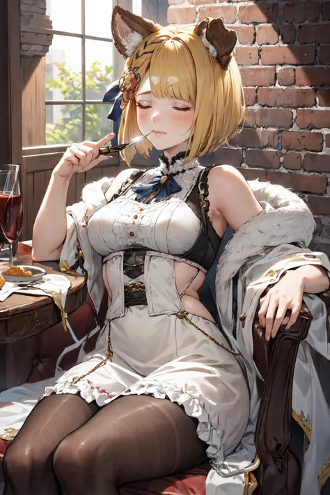 masterpiece, (detailed, highres, best quality), 1girl,<lora:ElegantVic:1> dhevictorian, victorian dress, corset, embroidery, <lora:gbfVajra:1> vajradef, dog tail, black pantyhose, hair ornament, against wall, brick wall, cowboy shot, day, light particles, outdoors, phone, smartphone, window, blush, closed eyes, closed mouth, eating, holding, holding knife, on chair, sitting, solo, bored