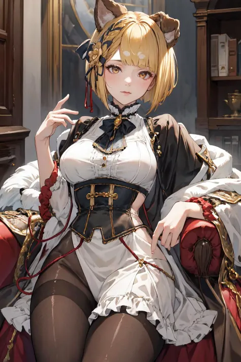 masterpiece, (detailed, highres, best quality), 1girl,<lora:ElegantVic:1> dhevictorian, victorian dress, corset, embroidery, <lora:gbfVajra:1> vajradef, dog tail, black pantyhose, hair ornament