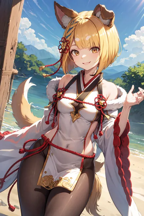 <lora:gbfVajra:0.8> vajradef, dog tail, black pantyhose, hair ornament, japanese clothes, bare shoulders, detached sleeves, wide sleeves, white pelvic curtain, outdoors, smile, masterpiece, best quality, highres, <lora:GoodHands-vanilla:1> nice hands, perfect hands