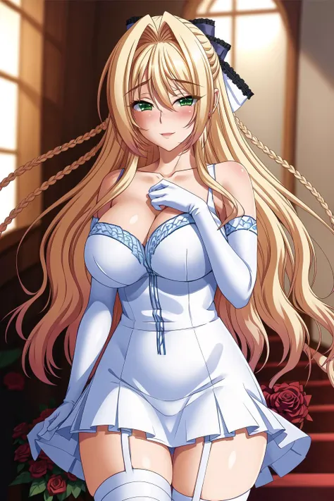 (masterpiece, best quality, game cg,highly_detailed,extremely_detailed_CG_unity_8k_wallpaper,illustration,highres,absurdres:1.2),1woman,solo,pov,upper body focus,
(portrait:1.2),window shade, light particles,<lora:Onoura_Rikka_lora:0.7>, green_eyes, long_hair, blonde_hair, hair_bow, large breasts, best quality, church, stairs, (bride:1.3), (princess:1.2), Beautiful Finger,Beautiful body,Beautiful Nose,Beautiful character design, perfect eyes, perfect face, blush, earrings, lipstick, bridal veil, dress, elbow gloves, gloves, indoors, makeup, petals, thighhighs, veil, (wedding dress), white dress, white gloves, white thighhighs, white garter belt, hair flower, uchikake, high heels, (red roses,flower bouquet,holding flower bouquet),(standing),looking at viewer, breasts, normal breast, (adjusting hair), naughty face,blushing,slight smile,looking at viewer, breasts, very long hair, collarbone,