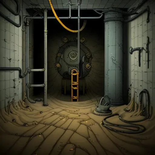 cartoon, <lora:Mateuszskutnik:1>, square room, machinery, pipes, computers, displays, level-2, Pipe Dreams, dark ambience,backroom, backroom, spooky, horror, an image that create a sense of uneasy, lost world of tecnology, gray and yellow tonality, (sand on the floor, submerged in sand), <lora:D1s-Backroom:0.5>, <lora:epi_noiseoffset2:0.5>