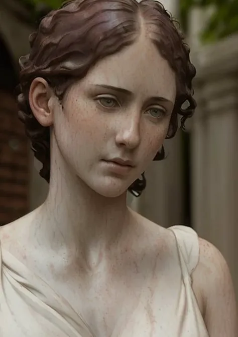 ((statue)), ((made of marble)), realistic photo, masterpiece, highest quality, (detailed face and eyes:1.3), freckles, nsfw, curious, raining, alleyway, detailed body, (((by Jeremy Lipking))), (((by Antonio J. Manzanedo))), freckled body, red short curly hair, blue eyes, chromatic light, eye shadow, (small breasts:1.2), (1girl), (young teen:1.2), rain, shorts, wet, (buttoned blouse), white blouse, wet clothes, (crossed_arms:1.2), embarrassed
