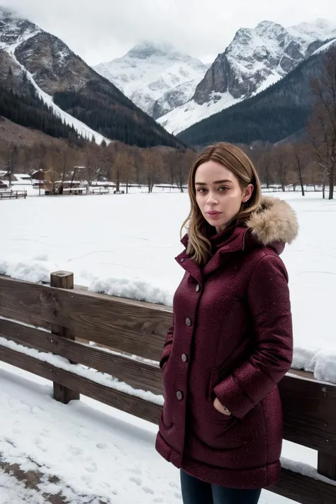 masterpiece, best quality, emilyblunt, warm clothes, snow, mountains <lora:emilyblunt:1>