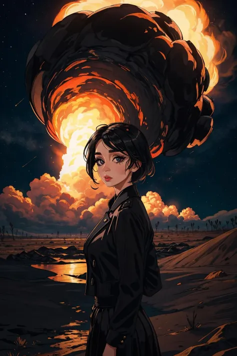 masterpiece, best quality, <lora:emilyblunt:0.9>emilyblunt, a 60 years old mature woman with (mascara, makeup:1.2) and (short black hair:1.2), black jacket, long black skirt, arms behind back, looking at viewer, from front, standing, middle of the desert, mushroom cloud, night, <lora:more_details:0.3>