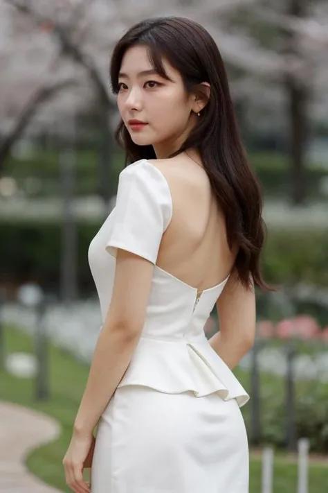 1girl,(RAW photo, best quality), (realistic, photo-realistic:1.4), masterpiece, an extremely delicate and beautiful, extremely detailed, 2k wallpaper, Amazing, finely detail, extremely detailed CG unity 8k wallpaper, ultra-detailed, highres, soft light, beautiful detailed girl, extremely detailed eyes and face, beautiful detailed nose, beautiful detailed eyes,cinematic lighting,perfect anatomy,slender body, wearing a white avantgarde peplum dress,(bokeh:1.2), at a flower park,sakura flowers,flower garden, looking at viewer, basic makeup