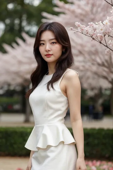 1girl,(RAW photo, best quality), (realistic, photo-realistic:1.4), masterpiece, an extremely delicate and beautiful, extremely detailed, 2k wallpaper, Amazing, finely detail, extremely detailed CG unity 8k wallpaper, ultra-detailed, highres, soft light, beautiful detailed girl, extremely detailed eyes and face, beautiful detailed nose, beautiful detailed eyes,cinematic lighting,perfect anatomy,slender body, wearing a white avantgarde peplum dress,(bokeh:1.2), at a flower park,sakura flowers,flower garden, looking at viewer, basic makeup